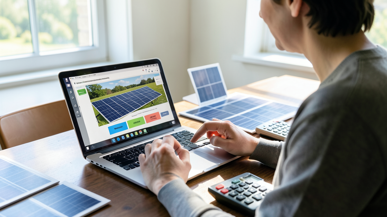 energie renouvelable solaire calcul de la rentabilité d’une installation solaire avec ordinateur portable et maquettes de panneaux