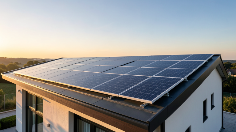 énergie renouvelable solaire avec panneaux photovoltaïques sur le toit d'une maison contemporaine