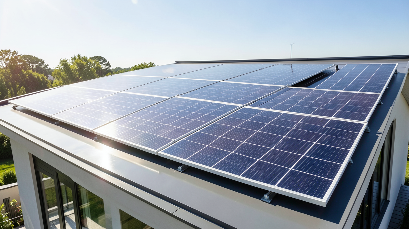 energie solair représentée par des panneaux photovoltaïques sur le toit d'une maison moderne