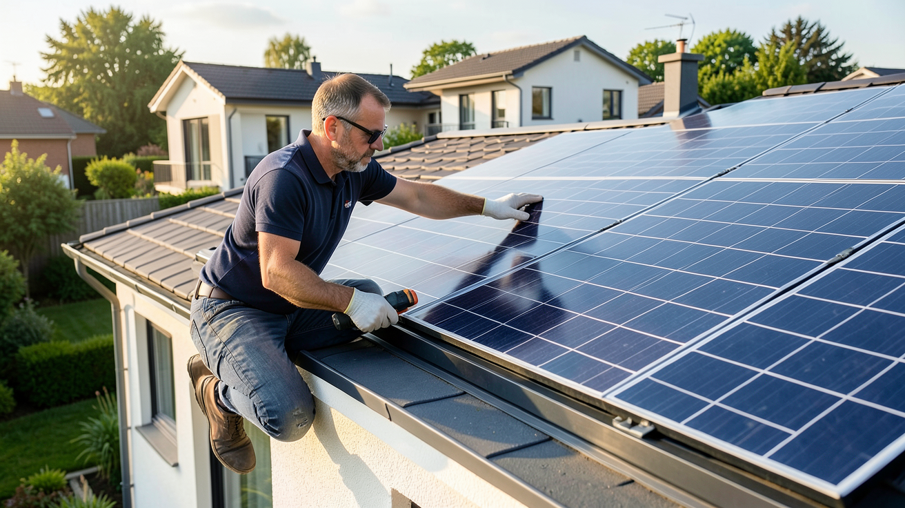 énergie solaire autoconsommation : installateur vérifiant les panneaux solaires sur un toit résidentiel en 2024