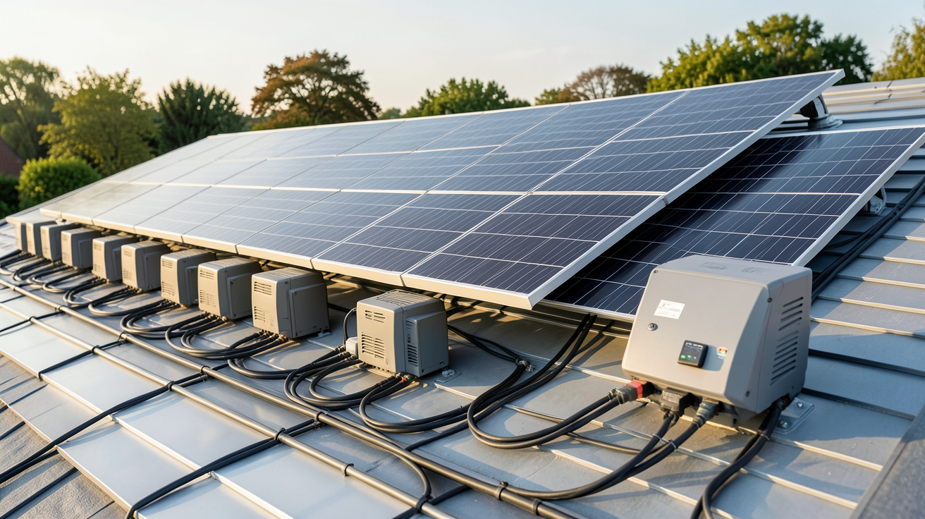 énergie solaire autoconsommation installation complète avec panneaux photovoltaïques, onduleurs et boîtier de monitoring