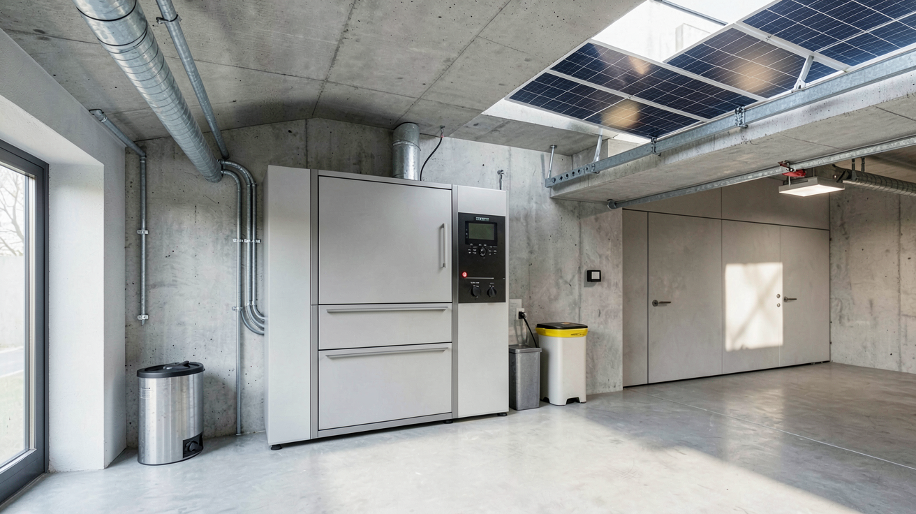 energie solaire batterie installée dans un garage moderne avec panneaux photovoltaïques sur le toit