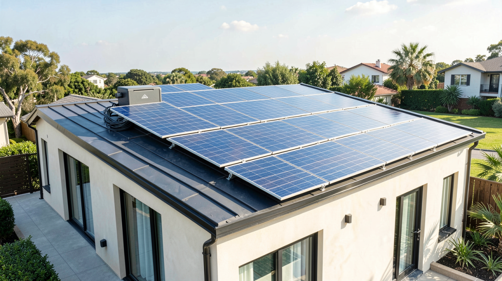 energie solaire batterie installée sur le toit d'une maison moderne, montrant panneaux photovoltaïques et unité de stockage.