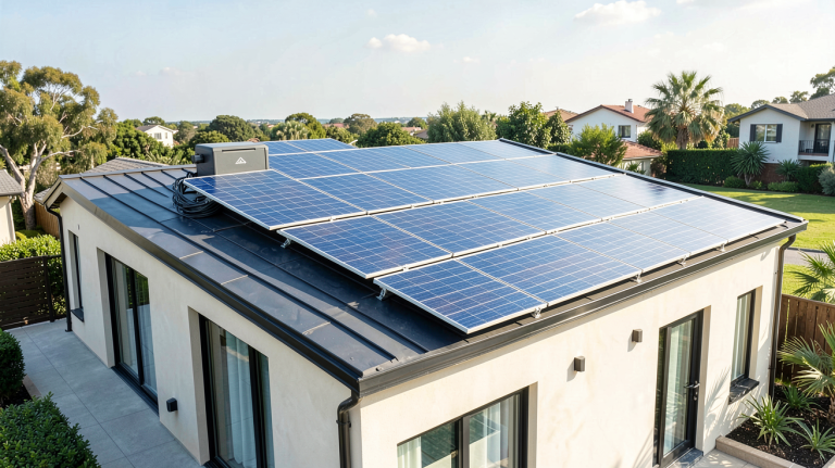 energie solaire batterie installée sur le toit d'une maison moderne, montrant panneaux photovoltaïques et unité de stockage.