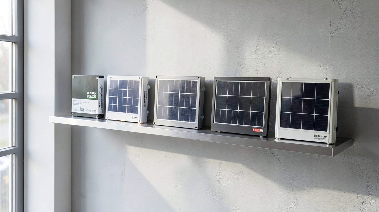 energie solaire batterie : différentes technologies de batteries solaires exposées sur une étagère métallique