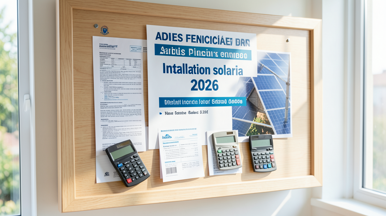 énergie solaire coût installation aides financières 2026 affichées sur un tableau en bois avec des documents officiels