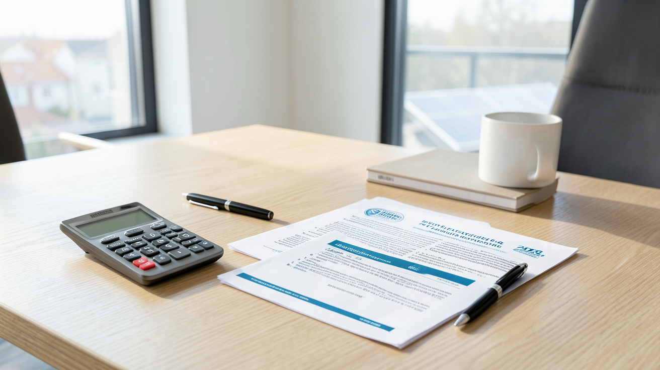 énergie solaire électrique aides financières et démarches administratives 2025 illustrées par un bureau avec documents officiels et calculatrice