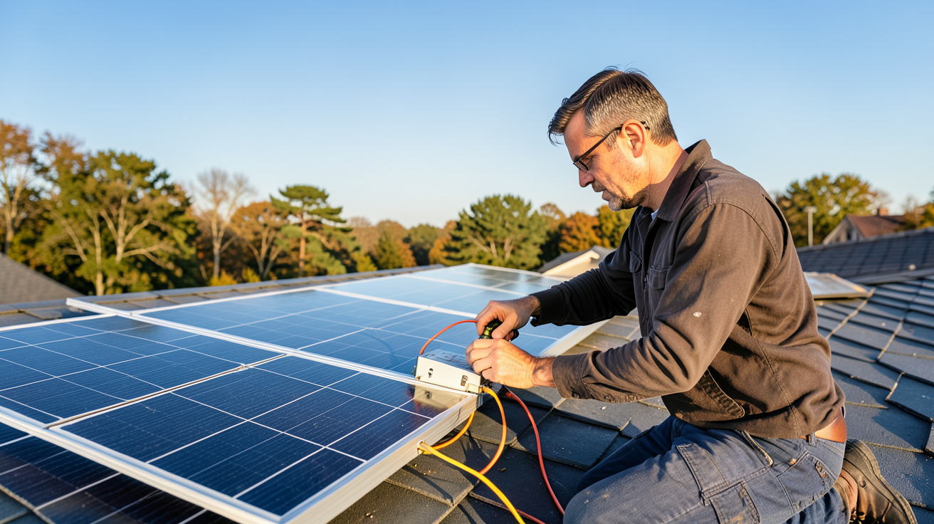 énergie solaire électrique : technicien mesurant l'orientation et l'inclinaison d'un panneau solaire sur un toit