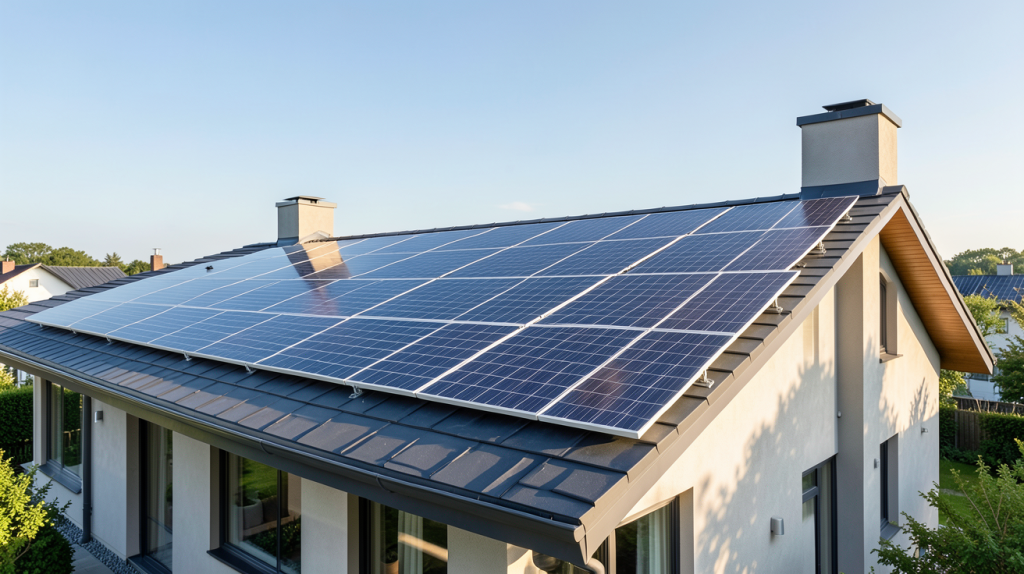 énergie solaire électrique : panneaux solaires installés sur le toit d'une maison contemporaine