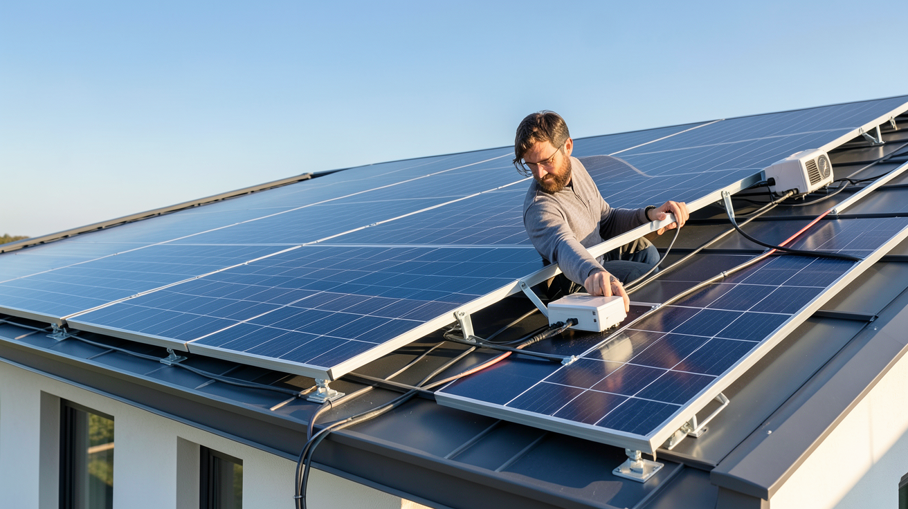 énergie solaire : technicien installant des panneaux solaires sur le toit d'une maison