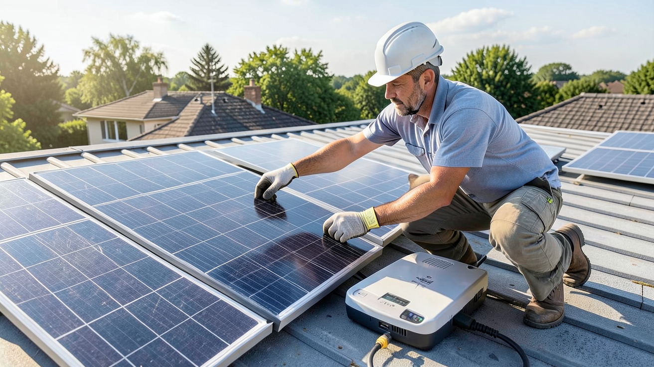 energie solaire maison montrant des panneaux solaires, des batteries et un onduleur sur un toit résidentiel