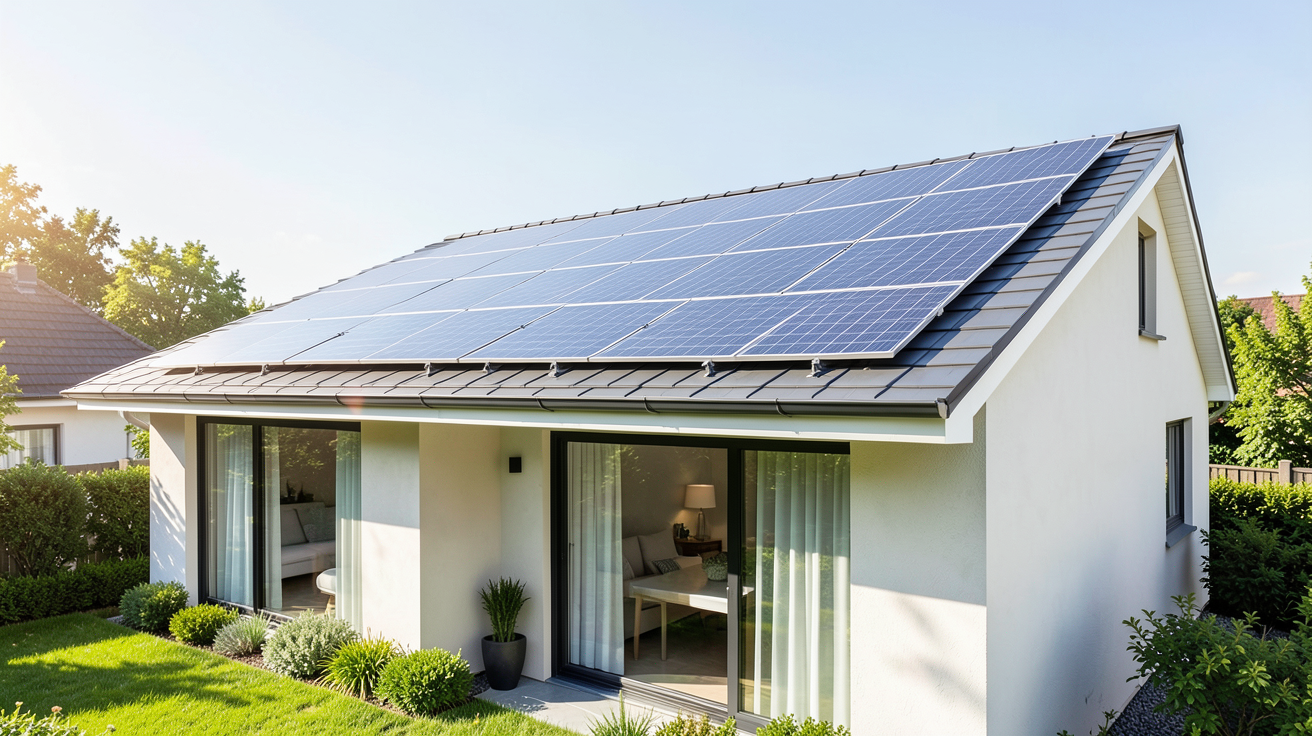 energie solaire maison panneaux solaires sur toit d'une résidence sous ciel bleu