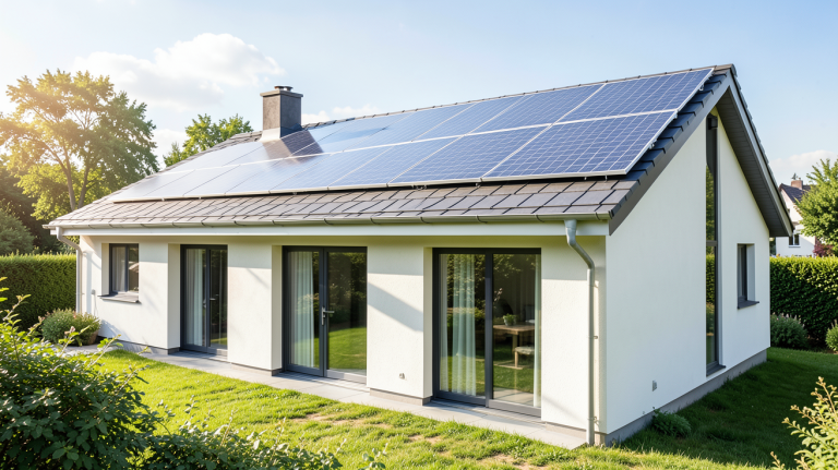 energie solaire maison avec panneaux photovoltaïques sur le toit d'une résidence moderne