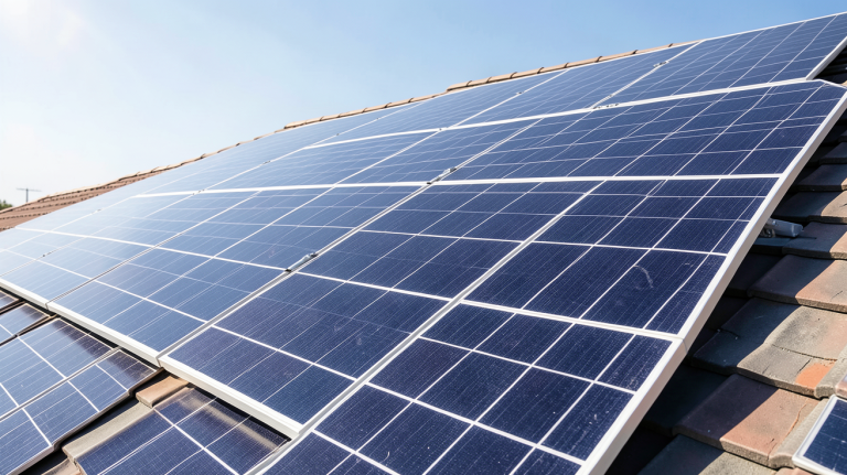 energie solaire panneaux photovoltaïques installés sur un toit en pente, capturés en haute résolution sous un ciel bleu clair