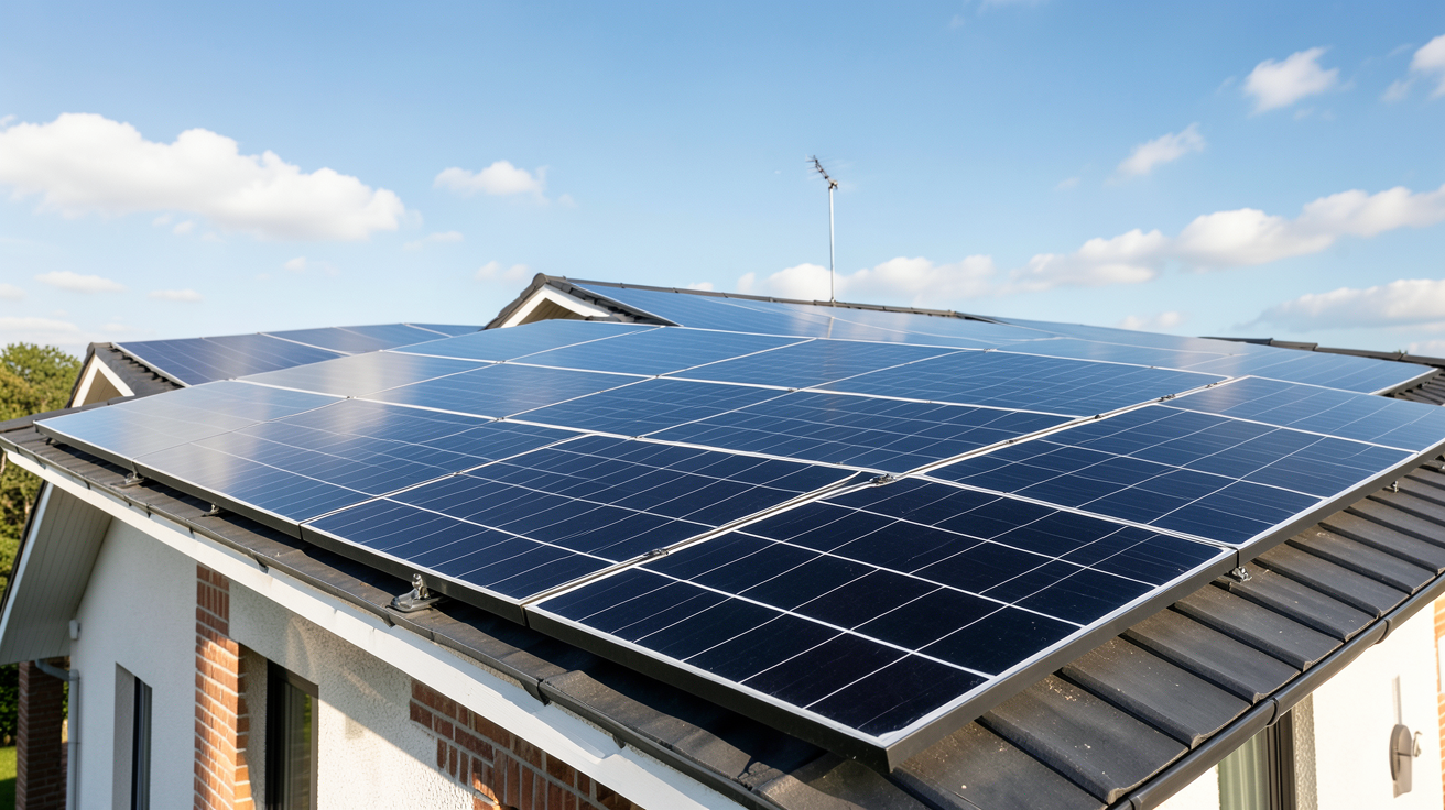 énergie solaire photovoltaïque : installation de panneaux solaires sur le toit d'une maison