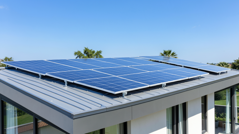 energie solaire thermique avec des capteurs installés sur une toiture résidentielle ensoleillée