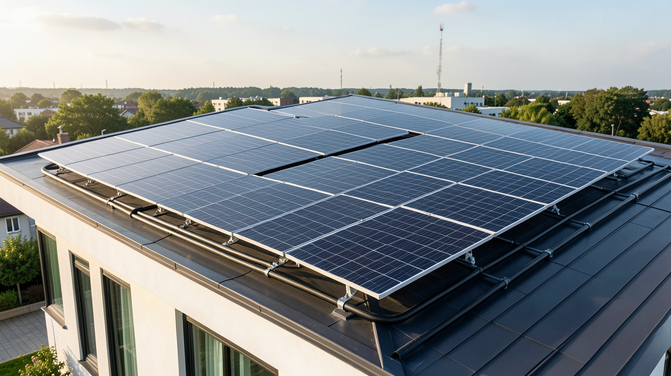 énergie solaire thermique principe de base illustré par un système de capteurs solaires sur un toit de maison