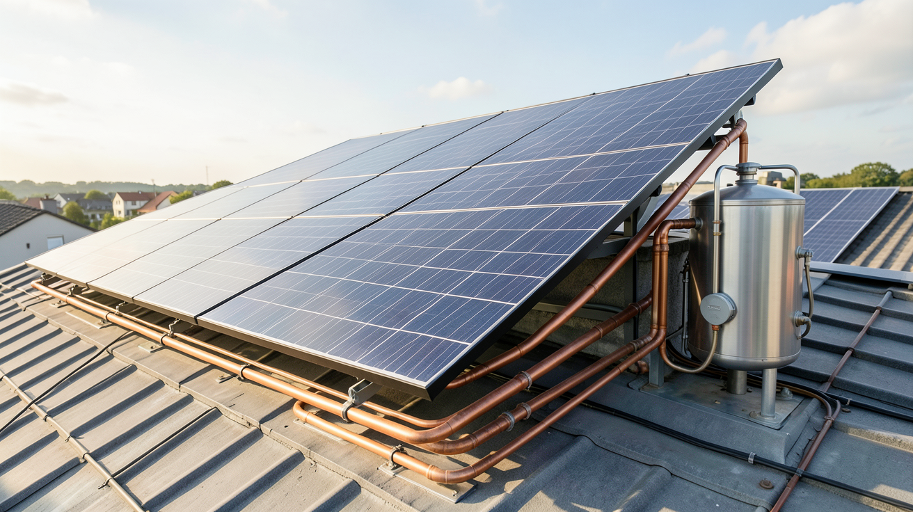 energie solaire thermique : système solaire thermique en fonctionnement sur un toit avec panneau, ballon de stockage et échangeur de chaleur