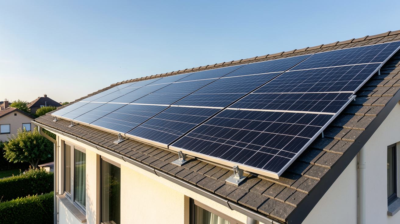 energie voltaique autoconsommation photovoltaïque sur toit de maison individuelle avec panneaux solaires noirs brillants