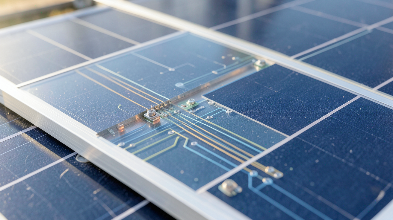 énergie voltaïque : panneau solaire photovoltaïque en gros plan montrant les cellules et composants internes