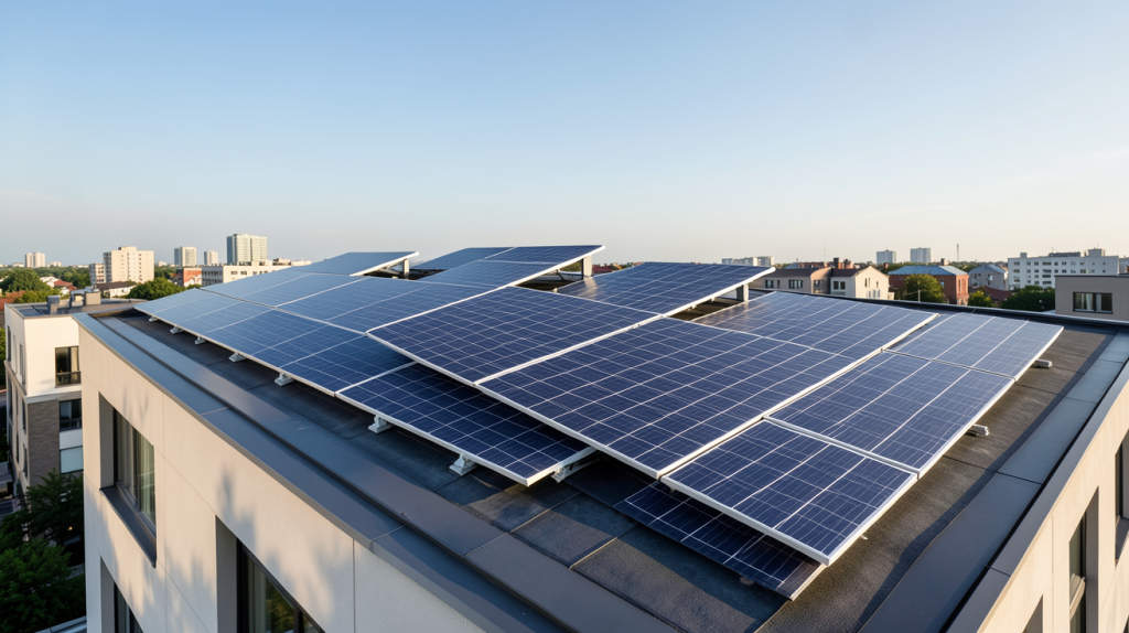 énergie voltaïque produite par des panneaux solaires photovoltaïques sur le toit d'une maison urbaine moderne