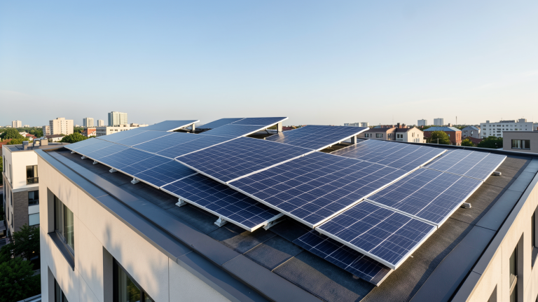 énergie voltaïque produite par des panneaux solaires photovoltaïques sur le toit d'une maison urbaine moderne
