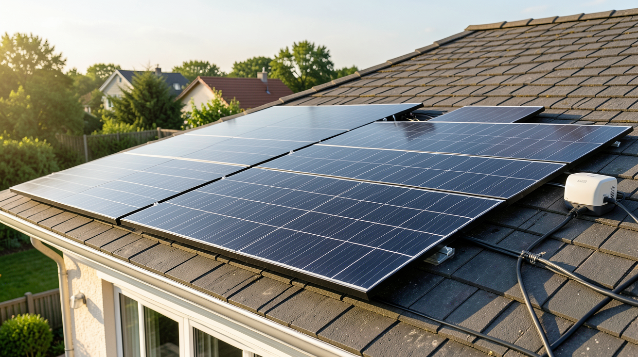 énergies solaire installation panneaux photovoltaïques sur toit de maison individuelle avec onduleur