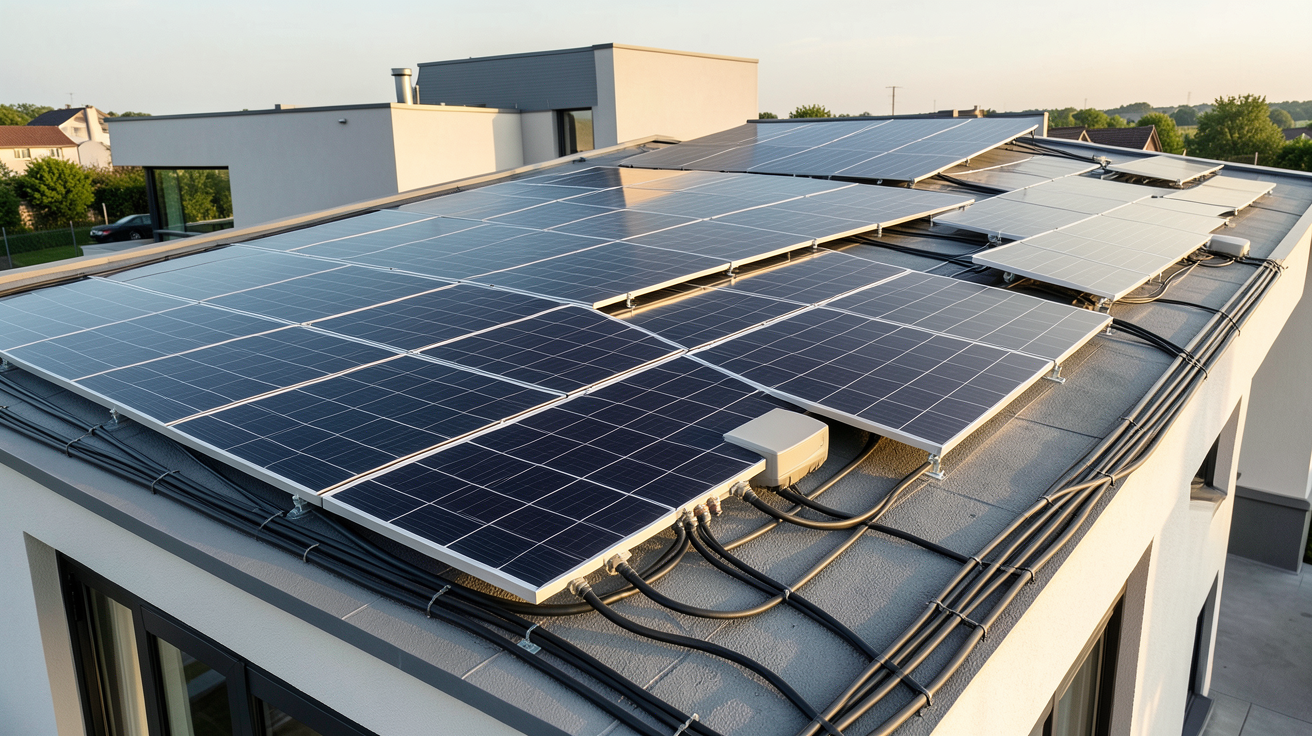 énergies solaire photovoltaïque installation technique sur toit de maison moderne