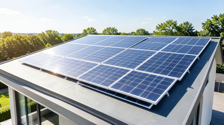 energreen panneau solaire installé sur le toit d'une maison moderne sous un ciel bleu clair