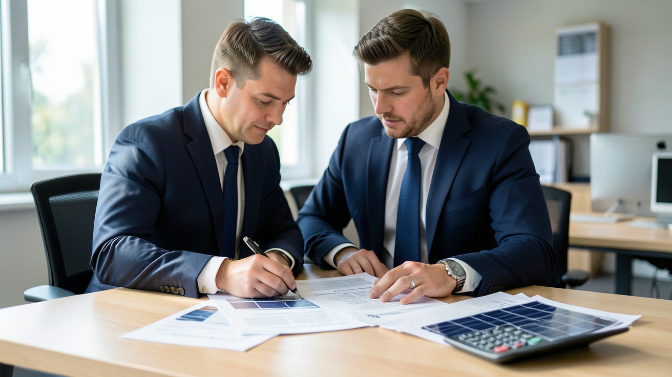 engie devis panneaux solaires comparaison et négociation par un professionnel en costume devant des documents et une calculatrice