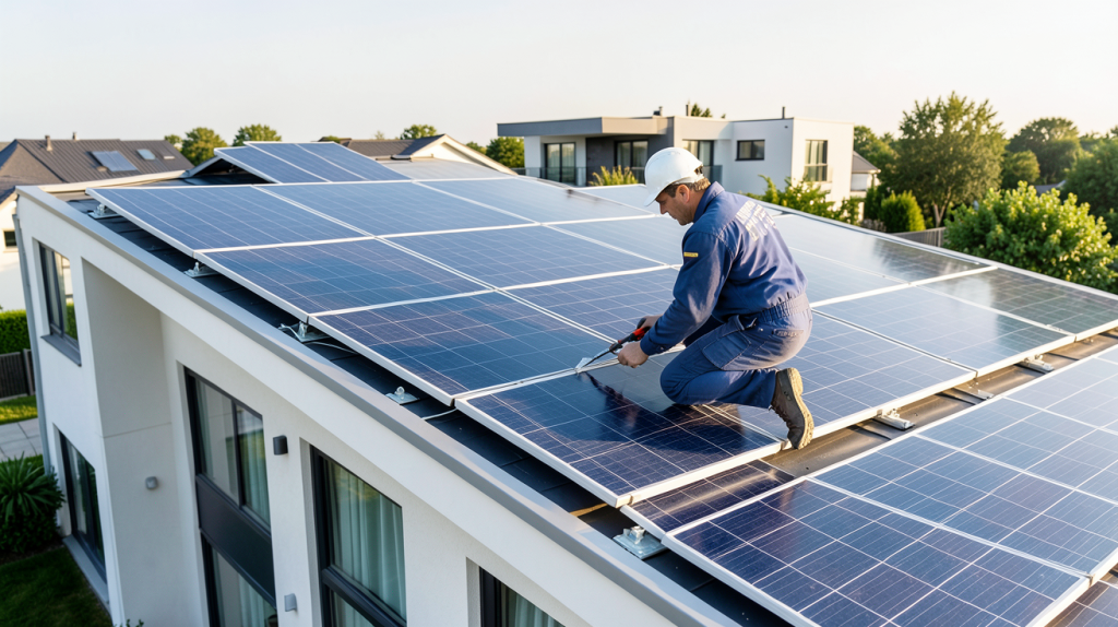 engie devis panneaux solaires installation vérification technique sur toit de maison moderne