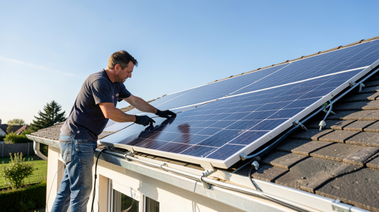 technicien Engie installant un panneau photovoltaïque sur le toit d'une maison individuelle