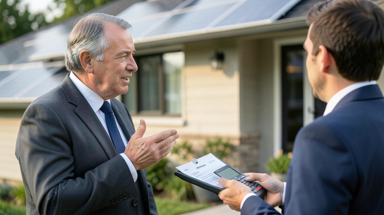 engie panneau solaire aides financières 2025 discutées par un professionnel et un client devant une maison équipée de panneaux solaires