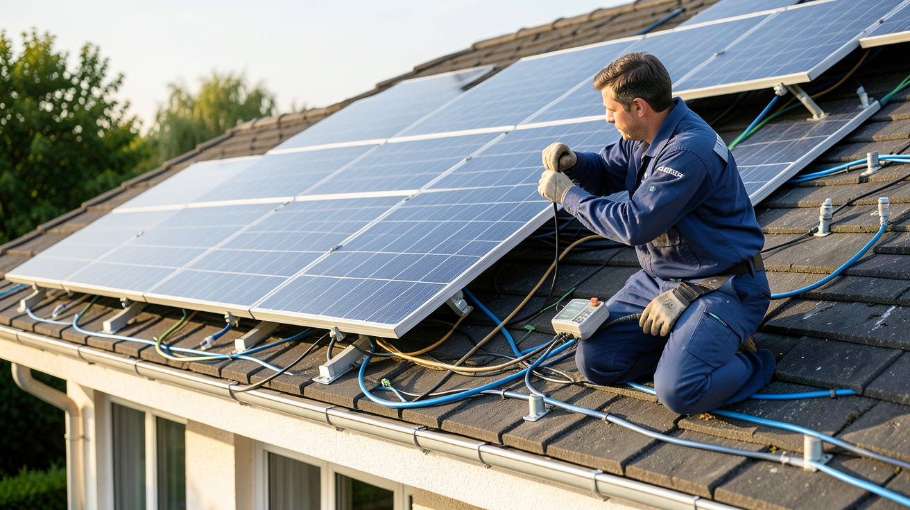 engie panneau solaire démarches et étapes d'installation avec un technicien en train de poser des panneaux solaires sur un toit