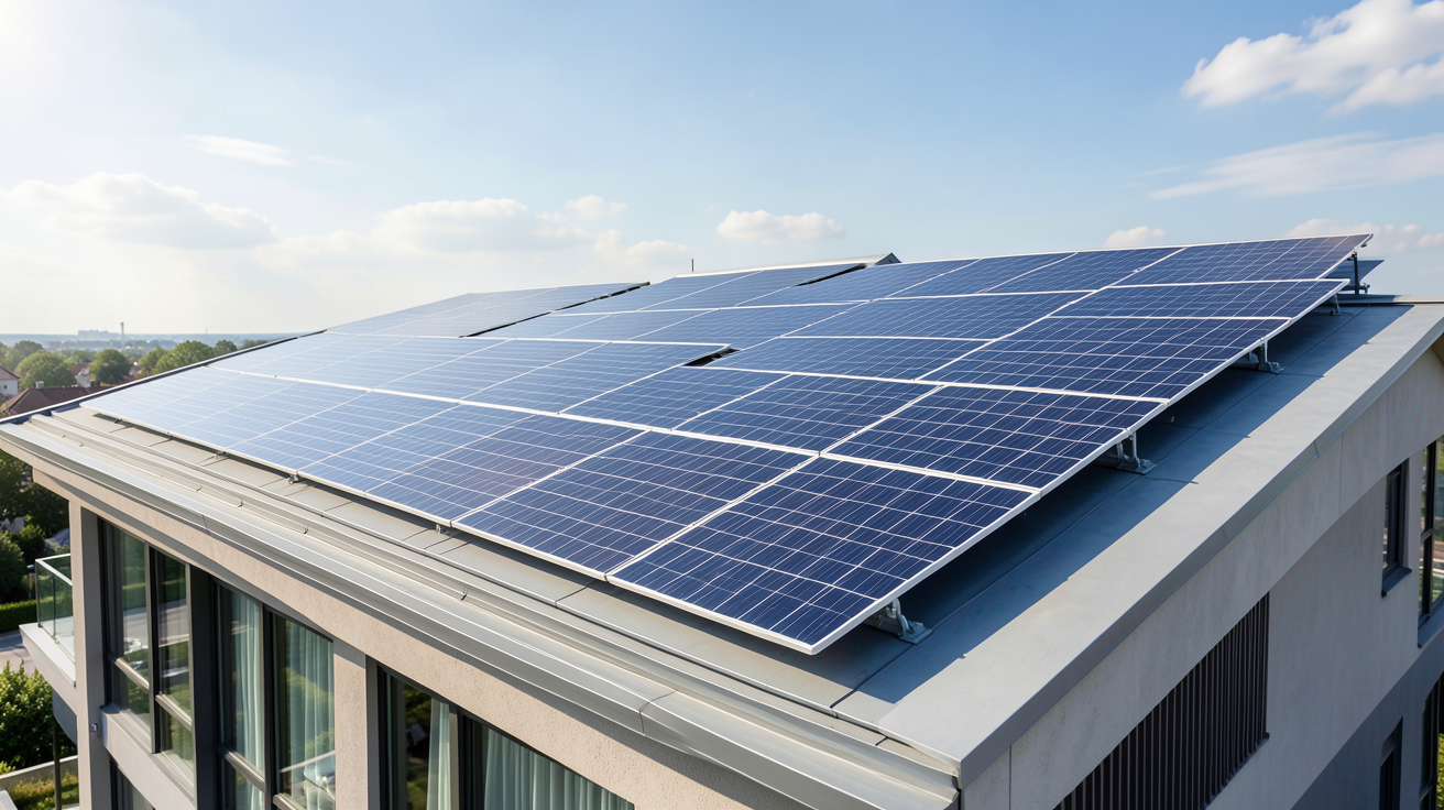 engie panneau solaire solutions photovoltaïques installées sur un toit d'immeuble moderne
