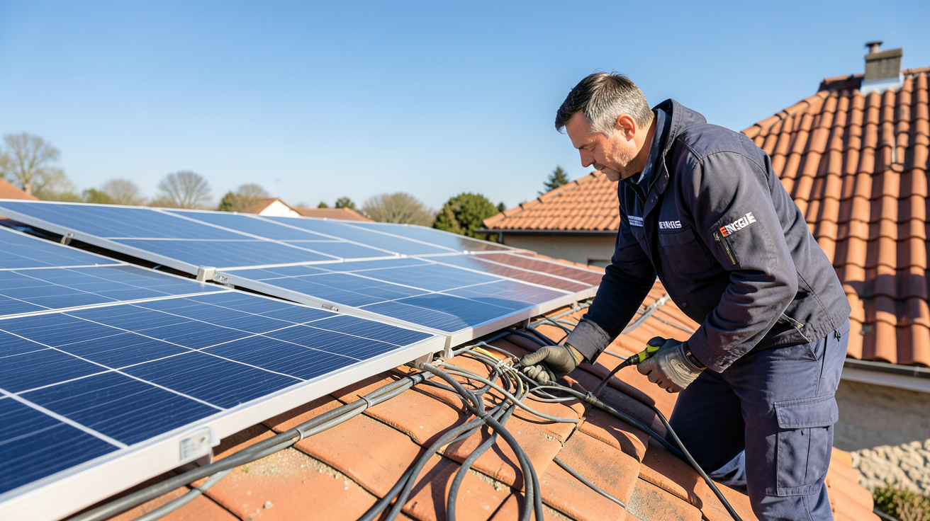engie panneaux photovoltaique installation de panneaux solaires sur une maison avec un technicien vérifiant les connexions électriques en 2024