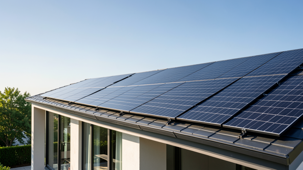 engie panneaux photovoltaïque installés sur le toit d'une maison contemporaine moderne