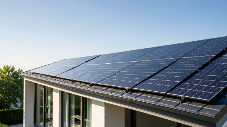 engie panneaux photovoltaïque installés sur le toit d'une maison contemporaine moderne