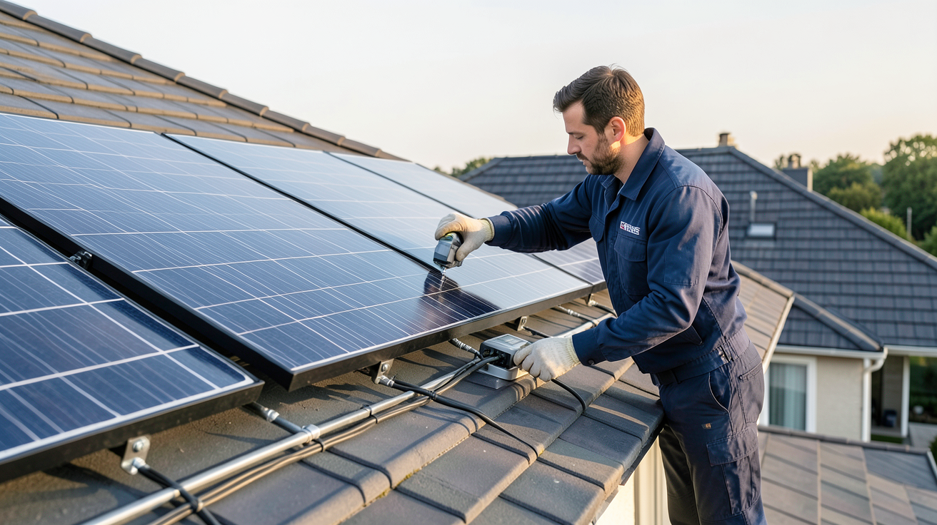 engie panneaux photovoltaiques technicien installant des panneaux solaires sur une toiture résidentielle