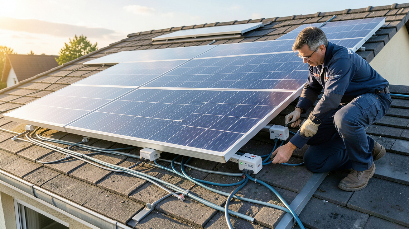 engie panneaux photovoltaïques installation sur toit de maison individuelle avec techniciens en 2024