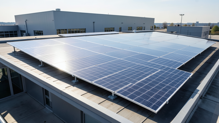 engie panneaux photovoltaïques installés sur le toit d'un bâtiment industriel, capturant l'énergie solaire