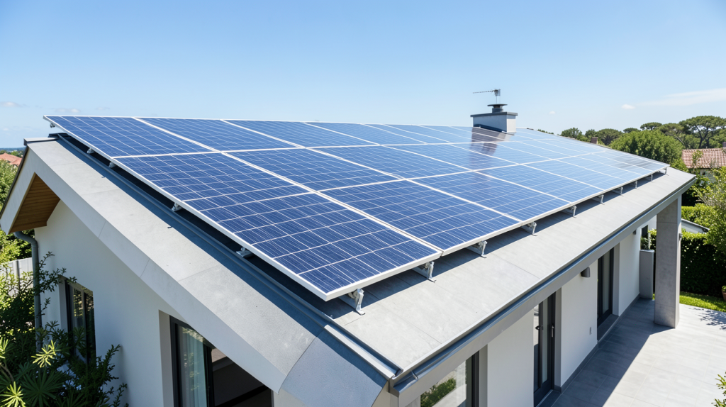 engie panneaux solaires devis montrant des panneaux photovoltaïques installés sur le toit d'une maison contemporaine