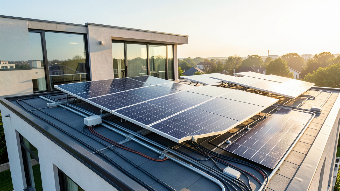 engie photovoltaïque installation de panneaux solaires sur le toit d'une maison moderne avec lumière naturelle du matin