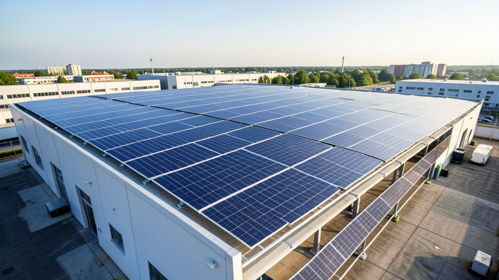 engie photovoltaïque professionnel installation solaire d'entreprise avec panneaux photovoltaïques sur le toit, éclairage naturel, rendu professionnel