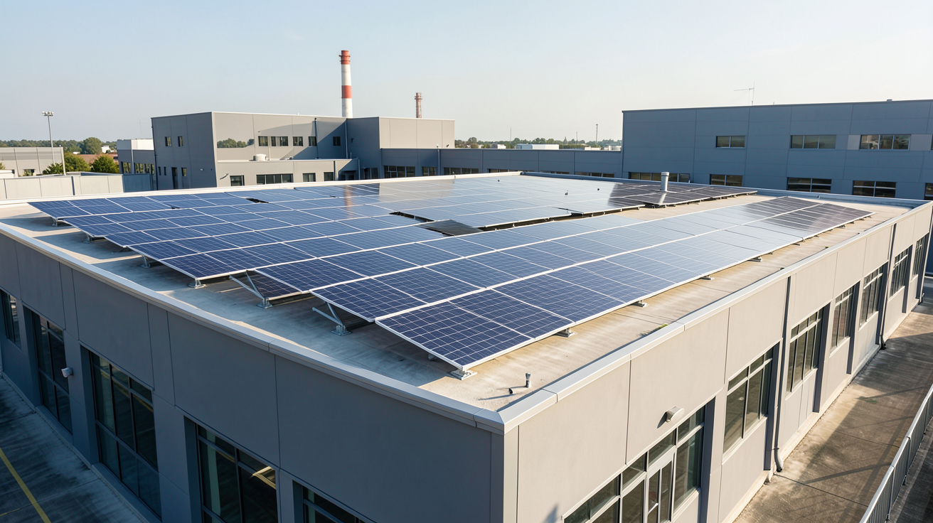 engie photovoltaïque professionnel illustrant l'installation de panneaux solaires sur un bâtiment d'entreprise.