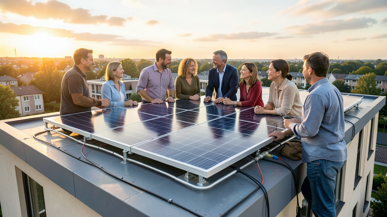 engie solaire autoconsommation : autoconsommation collective avec des voisins partageant l'énergie solaire sur un toit d'immeuble