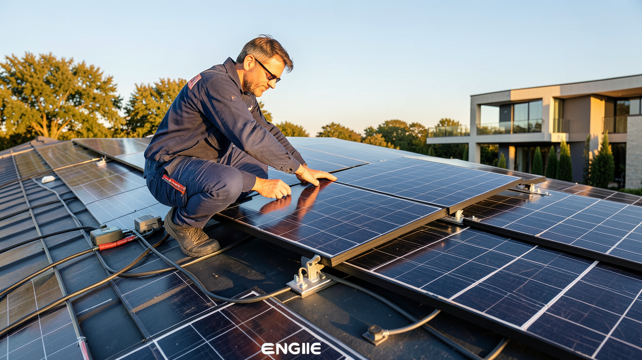 engie solaire autoconsommation : technicien ENGIE installant des panneaux solaires sur le toit d'une maison en autoconsommation