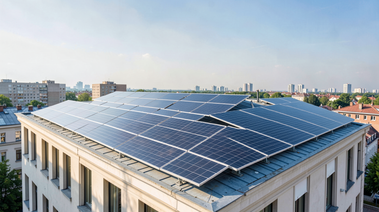 engie solaire panneaux photovoltaïques installés sur le toit d'un bâtiment urbain moderne