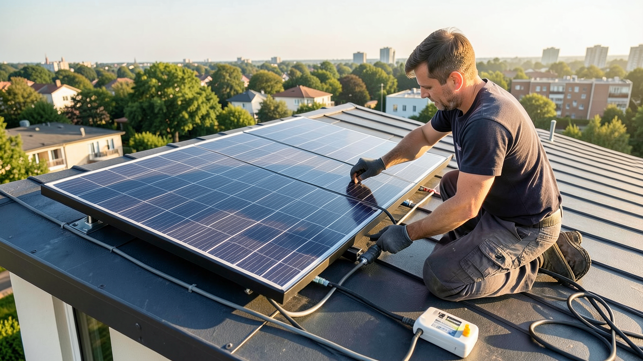 enphase panneau solaire en cours d'installation sur le toit d'une maison résidentielle avec un technicien professionnel