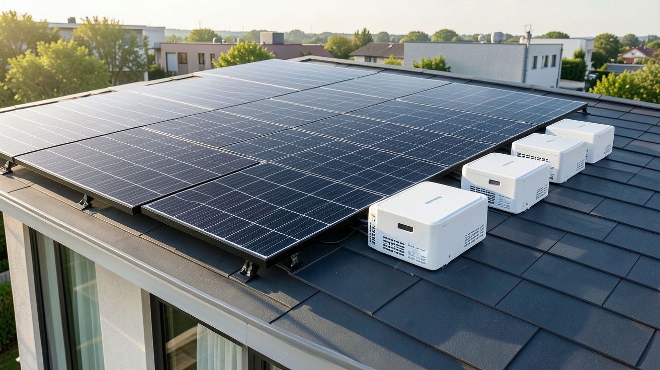 enphase panneau solaire : kit solaire Enphase complet installé sur le toit d'une maison moderne